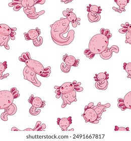 Cute axolotl character. Seamless pattern. Kawaii ambystoma amphibian different poses. Vector drawing. Design ornaments.