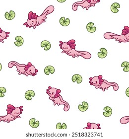 Cute axolotl character. Seamless pattern. Kawaii ambystoma amphibian different poses. Vector drawing. Design ornaments.