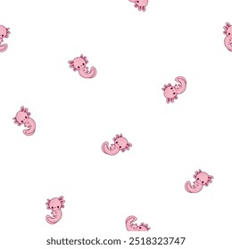 Cute axolotl character. Seamless pattern. Kawaii ambystoma amphibian different poses. Vector drawing. Design ornaments.