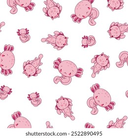 Lindo personaje axolotl. Patrón sin fisuras. Kawaii ambystoma anfibio diferentes poses. Dibujo de Vector. Diseña adornos.