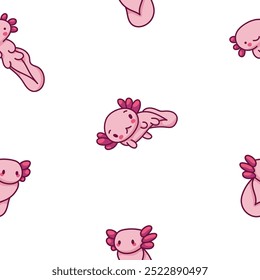 Cute axolotl character. Seamless pattern. Kawaii ambystoma amphibian different poses. Vector drawing. Design ornaments.