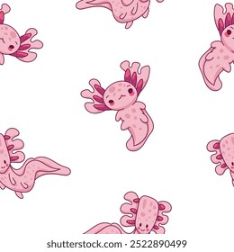 Cute axolotl character. Seamless pattern. Kawaii ambystoma amphibian different poses. Vector drawing. Design ornaments.