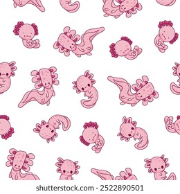 Cute axolotl character. Seamless pattern. Kawaii ambystoma amphibian different poses. Vector drawing. Design ornaments.