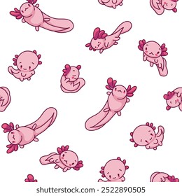 Cute axolotl character. Seamless pattern. Kawaii ambystoma amphibian different poses. Vector drawing. Design ornaments.