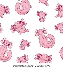 Lindo personaje axolotl. Patrón sin fisuras. Kawaii ambystoma anfibio diferentes poses. Dibujo de Vector. Diseña adornos.