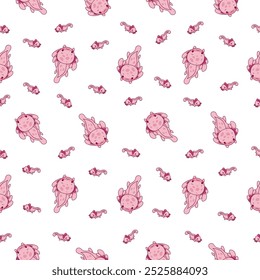 Cute axolotl character. Seamless pattern. Kawaii ambystoma amphibian different poses. Vector drawing. Design ornaments.