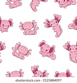 Cute axolotl character. Seamless pattern. Kawaii ambystoma amphibian different poses. Vector drawing. Design ornaments.