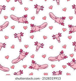 Cute axolotl character. Seamless pattern. Kawaii ambystoma amphibian different poses. Vector drawing. Design ornaments.