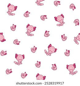 Cute axolotl character. Seamless pattern. Kawaii ambystoma amphibian different poses. Vector drawing. Design ornaments.