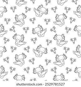 Cute axolotl character. Seamless pattern. Coloring Page. Kawaii ambystoma amphibian different poses. Vector drawing. Design ornaments.