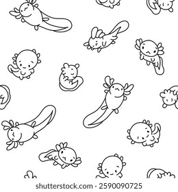 Cute axolotl character. Seamless pattern. Coloring Page. Kawaii ambystoma amphibian different poses. Vector drawing. Design ornaments.