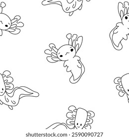 Cute axolotl character. Seamless pattern. Coloring Page. Kawaii ambystoma amphibian different poses. Vector drawing. Design ornaments.