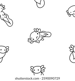 Cute axolotl character. Seamless pattern. Coloring Page. Kawaii ambystoma amphibian different poses. Vector drawing. Design ornaments.