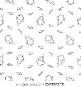 Cute axolotl character. Seamless pattern. Coloring Page. Kawaii ambystoma amphibian different poses. Vector drawing. Design ornaments.