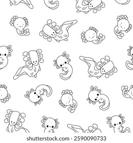 Cute axolotl character. Seamless pattern. Coloring Page. Kawaii ambystoma amphibian different poses. Vector drawing. Design ornaments.