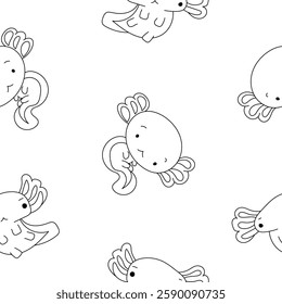 Cute axolotl character. Seamless pattern. Coloring Page. Kawaii ambystoma amphibian different poses. Vector drawing. Design ornaments.