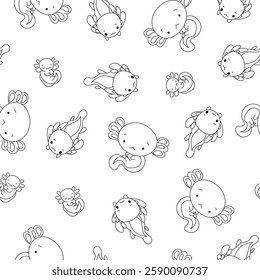 Cute axolotl character. Seamless pattern. Coloring Page. Kawaii ambystoma amphibian different poses. Vector drawing. Design ornaments.