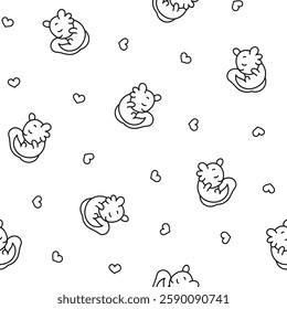 Cute axolotl character. Seamless pattern. Coloring Page. Kawaii ambystoma amphibian different poses. Vector drawing. Design ornaments.