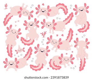 Cute axolotl characters with happy smiling emotion on face isolated set vector illustration. Funny amphibian animal with pretty face showing positive cheerful expression. Kawaii exotic mascot