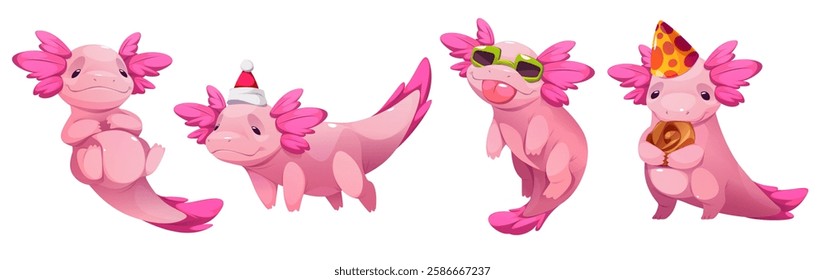 Cute axolotl characters set isolated on white background. Vector cartoon illustration of kawaii style pink salamander animals relaxing, wearing Santa hat, sunglasses, eating cake, education mascot