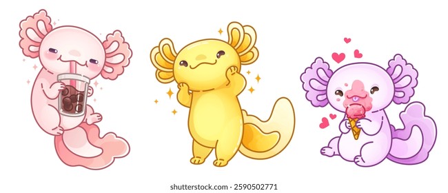 Cute axolotl characters set isolated on white background. Vector cartoon illustration of kawaii style pink and yellow salamander animal smiling, drinking bubble tea, eating ice cream, education mascot