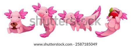 Cute axolotl characters set isolated on white background. Vector cartoon illustration of kawaii style pink salamander animals swimming, showing tongue, eating cookie and strawberry, education mascot