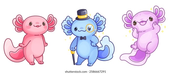 Cute axolotl characters set - pink smiling creature, blue gentleman with top hat, monocle and cane, purple floating salamander with sparkles. Kawaii mascots for stickers, game design or children book.