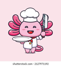 cute axolotl chef mascot cartoon character with knife and plate
