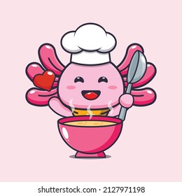 cute axolotl chef mascot cartoon character with soup