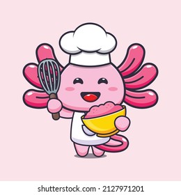 cute axolotl chef mascot cartoon character with cake dough