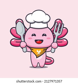 süße axolotl Chef Maskottchen Cartoon Charakter hält Löffel und Gabel 