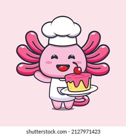 cute axolotl chef mascot cartoon character with cake