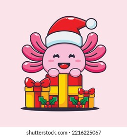 Cute axolotl with christmas gift. Cute christmas cartoon illustration. 