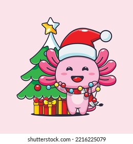 Cute axolotl with christmast lamp. Cute christmas cartoon illustration. 