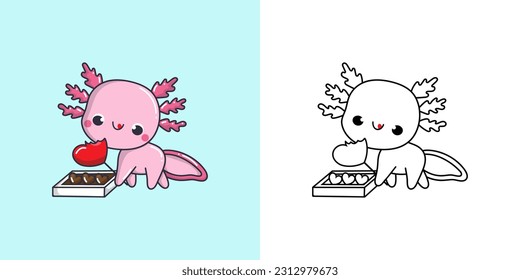 Cute Axolotl Clipart for Coloring Page and Illustration. Happy Salamander Illustration. Vector Illustration of a Kawaii Amphibian for Stickers, Prints for Clothes, Baby Shower, Coloring Pages.
