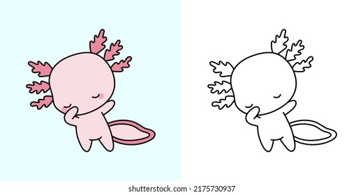 Cute Axolotl Clipart Illustration and Black and White. Funny Clip Art Axolotl. Vector Illustration of a Kawaii Animal for Coloring Pages, Stickers, Baby Shower, Prints for Clothes. 