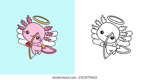 Cute Axolotl Clipart Illustration and Black and White. Funny Salamander Art. Vector Illustration of a Kawaii Animal for Coloring Pages, Stickers, Baby Shower, Prints for Clothes.
