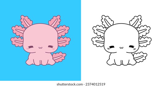 Ilustración del cliente de Axolotl y blanco y negro. Animal de pinturas Kawaii. Ilustración vectorial aislada de un anfibio kawaii para impresiones de ropa, pegatinas, ducha de bebé, páginas de color. 