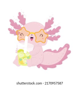 Cute Axolotl Clip Art einzeln auf weißem Hintergrund.  Funny Clip Art Axolotl mit einem Glas Limonade. Vektorgrafik eines Tieres für Aufkleber, Einladung für Babyduschen, Druck für Kleidung.
