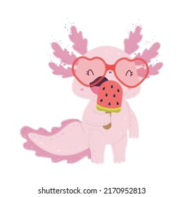 Cute Axolotl Clipart for Kids Holidays and Goods. Happy Clip Art Axolotl with Watermelon Ice Cream. Vector Illustration of an Animal for Stickers, Prints for Clothes, Baby Shower Invitation. 