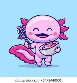 Cute Axolotl Cooking Cake Cartoon Vector Icon Illustration. Animal Food Icon Concept Isolated Premium Vector. Flat Cartoon Style