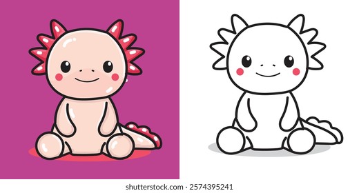 A cute axolotl doll cartoon illustration for a sticker, design element, or coloring book element