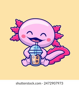 Cute Axolotl Drinking Boba Milk Tea Cartoon Vector Icon Illustration. Animal Drink Icon Concept Isolated Premium Vector. Flat Cartoon Style