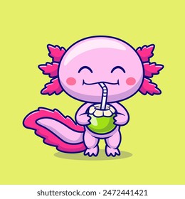 Cute Axolotl Drinking Coconut Cartoon Vector Icon Illustration. Animal Drink Icon Concept Isolated Premium Vector. Flat Cartoon Style