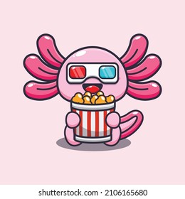 Cute axolotl eat popcorn and watch 3d movie cartoon vector illustration