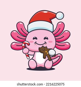 Cute axolotl eating christmas cookies and candy. Cute christmas cartoon illustration. 