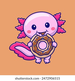 Cute Axolotl Eating Donut Cartoon Vector Icon Illustration. Animal Food Icon Concept Isolated Premium Vector. Flat Cartoon Style