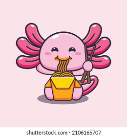 Cute axolotl eating noodle cartoon vector illustration