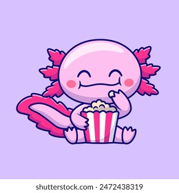 Cute Axolotl Eating Popcorn Cartoon Vector Icon Illustration. Animal Food Icon Concept Isolated Premium Vector. Flat Cartoon Style