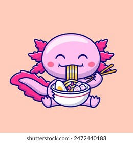 Cute Axolotl Eating Ramen Noodle Cartoon Vector Icon Illustration. Animal Food Icon Concept Isolated Premium Vector. Flat Cartoon Style